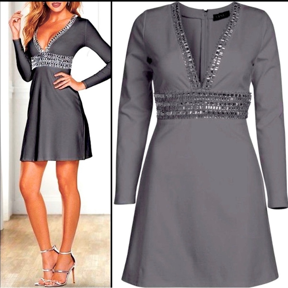 Brand new with tags, gray cocktail/party dress embellished with rhinestones
